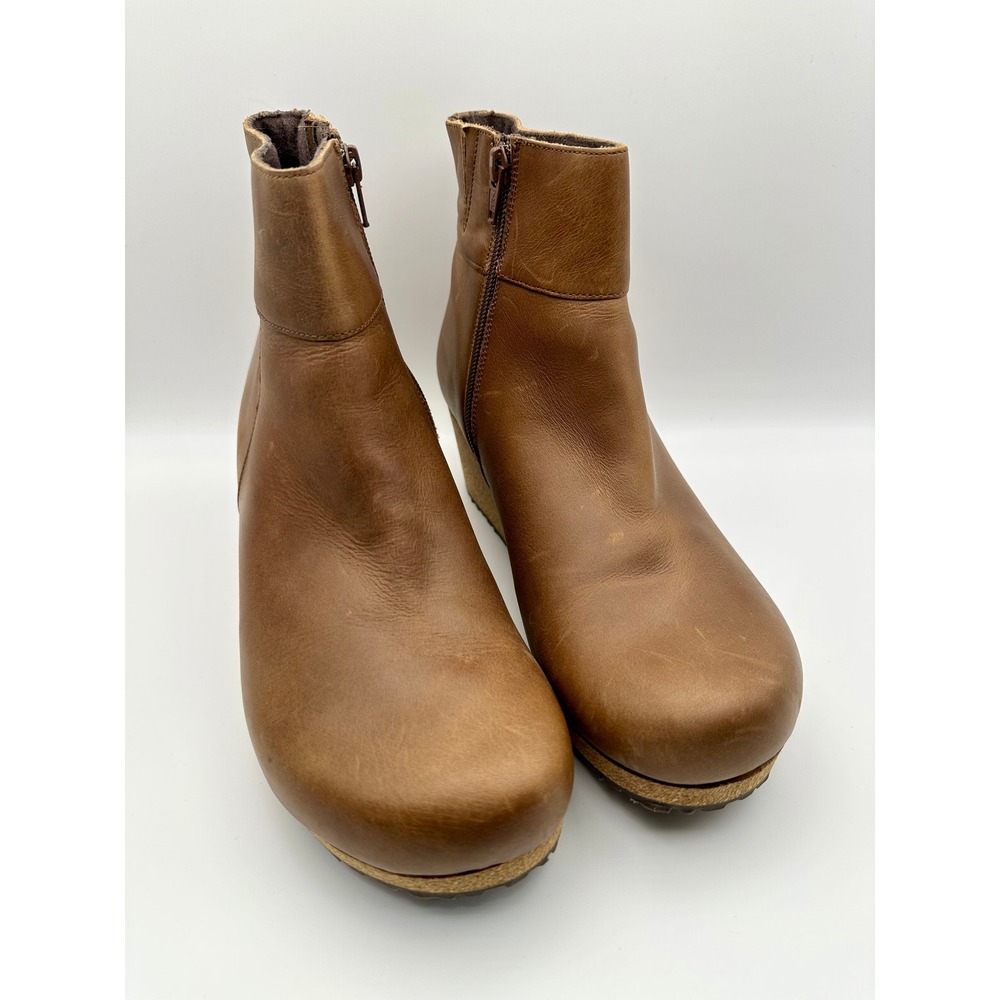 Papillio Birkenstock Ebba Wedge Ankle Boots Women 40 9 9.5 Cognac Brown Leather